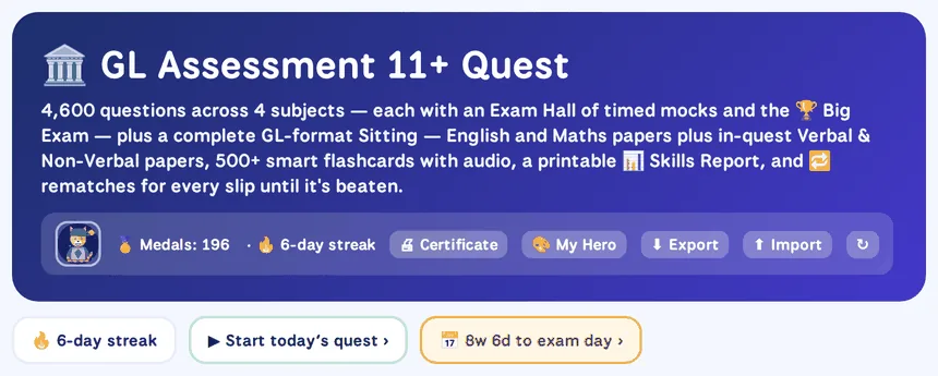 The GL Assessment 11+ Quest home screen header: 4,600 questions across 4 subjects, the child's hero and medal count, a six-day streak, and the Certificate, My Hero, Export and Import buttons