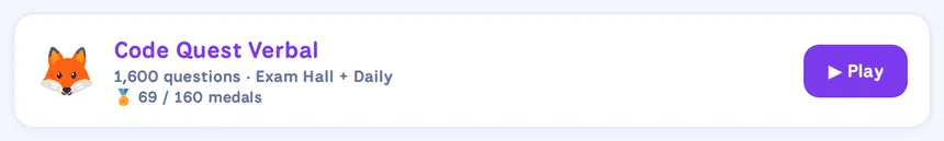 Code Quest Verbal card: 1,600 questions, Exam Hall and Daily, 69 of 160 medals won