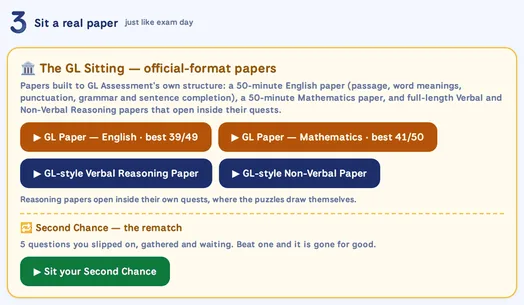 Sit a real paper section: the GL Sitting with English and Mathematics papers already sat, the Verbal and Non-Verbal papers, and five slips waiting in Second Chance