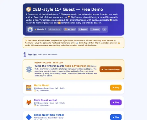 The CEM 11+ Quest free demo home screen, with the four quests and a note explaining what the demo includes