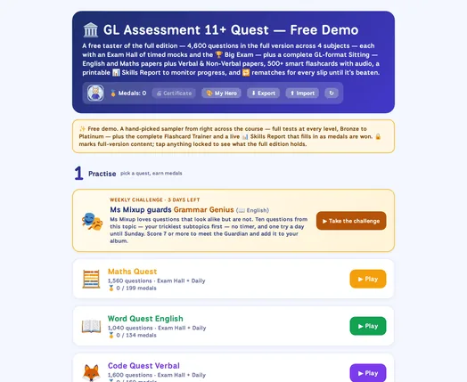 The GL Assessment 11+ Quest free demo home screen, with the four quests and a note explaining what the demo includes