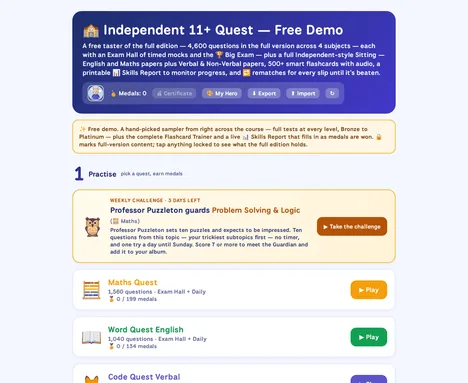 The Independent 11+ 11+ Quest free demo home screen, with the four quests and a note explaining what the demo includes