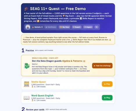 The SEAG 11+ Quest free demo home screen, with the four quests and a note explaining what the demo includes