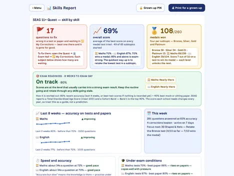 The Skills Report with an exam-readiness verdict